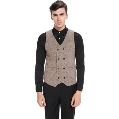 Mens Waistcoat Wool Tweed Slim Fit Leisure Cotton Suit Vest Gentleman Herringbone Pattern Beckham business Brown Wedding Groom