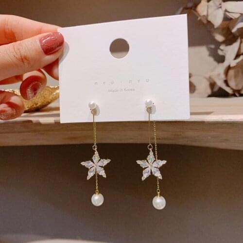 2020 New Arrival Alloy Trendy Women Dangle Earrings Korean Long Earrings Simple Fashion Zircon Flower Tassel Earrings Jewelry