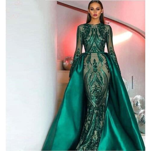 Abendkleider Dubai Formal Evening Dresses With Detachable Train Appliques Lace Sequins Muslim Women Long Sleeve Prom Party Dress