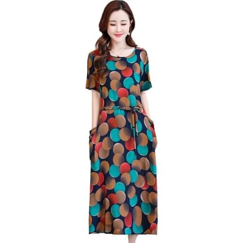 Plus Size XL-5XL Women Floral Print Dress Short Sleeve O-neck Summer Vestidos Womens Elegant Loose Long Casual cotton Dresses
