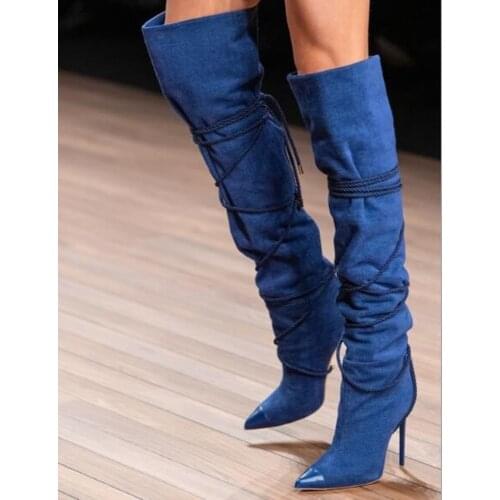 Stylish Blue Denim Over The Knee Boots Patchwork Lace-up Pointed Toe Tight High Boots Stiletto Heels Party Dress Shoes Tall Boot