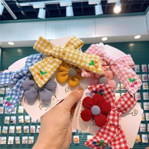 2 Piece Butterfly Hair Pins For Girls Hair Accessories Cherry Embroidery Hair Clips Baby Clips Fabric Flower Barrettes Headdress