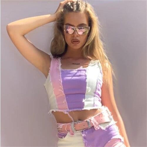 2021 Women Striped Patchwork Denim Sleeveless Tank Top Vintage Backless Zipper Bodycon Casual Chic Streetwear Casual Vest