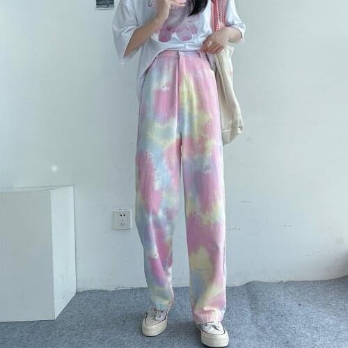 2021 Women Denim Pants High Waist Tie Dye Jean Women Wide Leg Pants Casual Loose Loose Long Trousers Femme Straight Jean Summer