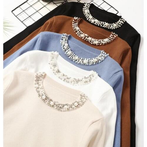 Autumn Winter Women Beaded Sweater 2019 O-Neck elegant sweater Jumper Top Loose Casual Warm Femme Sweater knitting bottom shirt