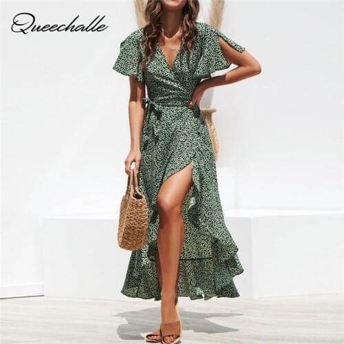 Summer Long Dress Floral Casual Beach Dresses Butterfly Sleeve Party Swing Sundress Ladies Sexy V-neck Woman Clothes Green