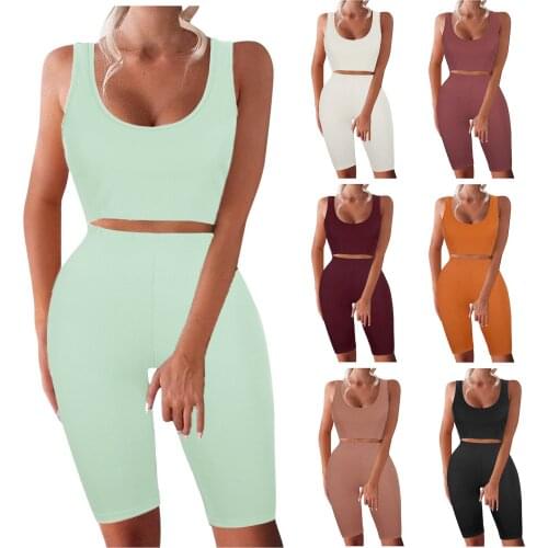 2pcs/lot Women High Waist Shorts Outfits Two Piece Set Sleeveless Ribbed Tank Tops + Shorts Matching Set Solid Skinny Tracksuit