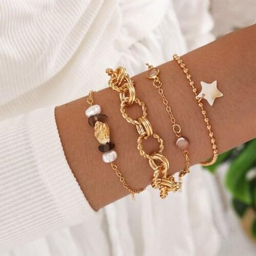 4 Pcs/Set Fashion Women Bracelets Set Star Circle Shell Pearl Chain Gold Bracelet Wedding Party Female Jewelry Gift