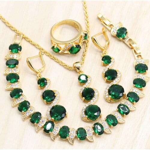 Gold Color Women 4PCS Wedding Jewelry Sets Green Cubic Zirconia Earrings Bracelet Pendant Necklace Ring Party Gift