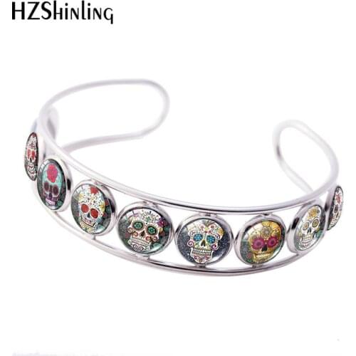 2019 New Sugar Skull Cuff Bracelet Flower Skulls Bracelets Hand Craft Jewelry Art Photo Bangle