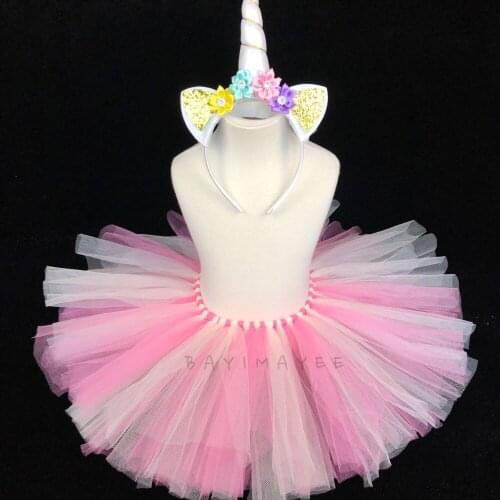 Girls Unicorn Flower Tutu Skirts Kids Ballet Tutu Tulle Pettiskirts with Ribbon Bow and Hairbow Children Party Costume Skirts