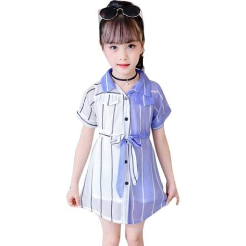 Kids Dresses For Girls Striped Girl Shirt Dress Patchwork Kids Dress Teenage Childrens Clothing 6 8 10 12 14