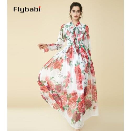 Large rose printing silk Full Floor-Length High Quality Long sleeve Flowers Elegant maxi long dress Seaside holiday party dress