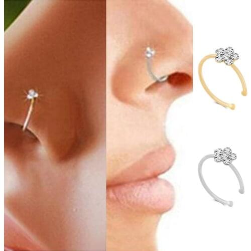 Men Women Fake Crystal Nose Piercing Body Jewelry Floral Nose Hoop Nostril Nose Ring Tiny Flower Helix Cartilage Tragus Ring