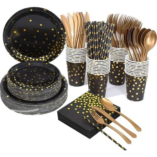 Wedding Birthday party Black Bronzing gold dots disposable tableware for birthday party decor kids baby shower party supplies