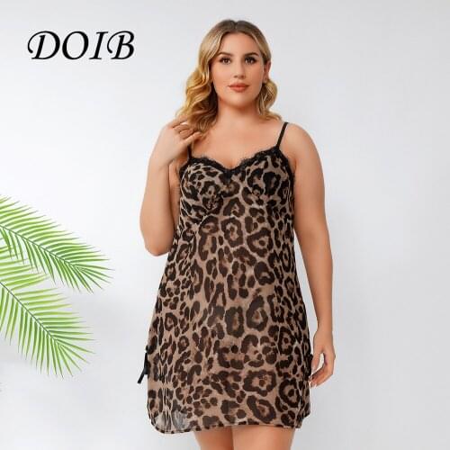 DOIB Women Leopard Print Pajamas Dress Sexy Plus Size Sleeveless Lace Patchwork Sleep Homewear Dress