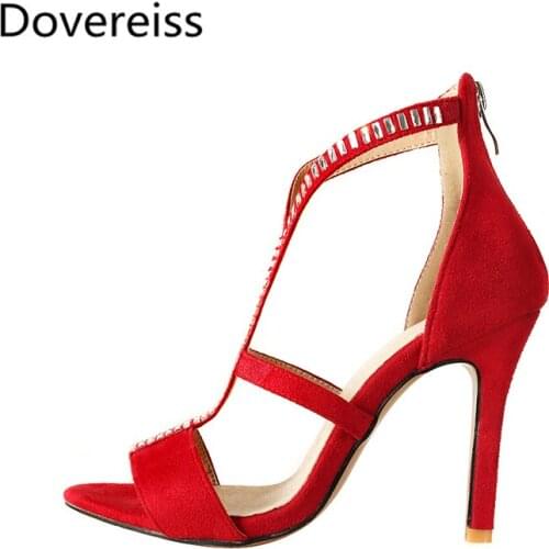 Dovereiss Fashion Womens Shoes summer new Elegant Pure color red Mature Crystal rhinestone Narrow band Sandals big size 46
