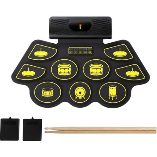 Electric Drum Kit 9 Pads Portable MIDI Electronic Roll Up Drum Kit with Built in Speakers, Foot Pedals Drumsticks