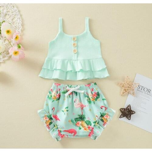 Summer Toddler Clothing Infant Baby Girl Sleeveless Solid Color Ruffle Tank Top + Flamingo Print Shorts 2pcs Outfit Clothes Sets