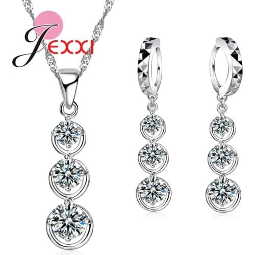 Trendy Thress Cubic Zirconia Crystal Beads Drop Necklace Tassel Dangle Earrings Piercing Brincos CZ Wedding Jewelry Sets