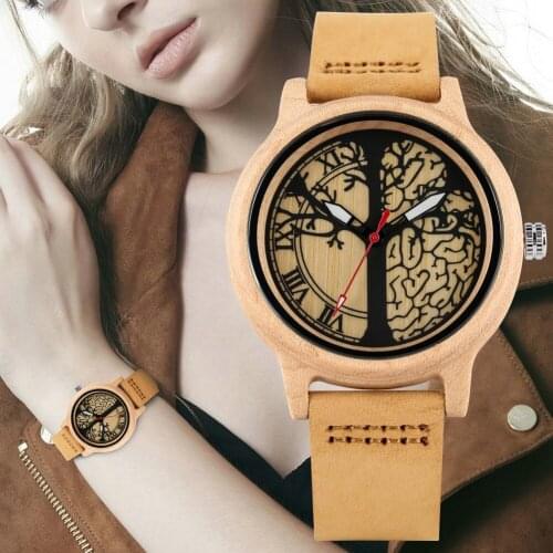 Natural Life Tree Design Maple Wood Watch Women Soft Leather Bracelet Quartz Wristwatch Timepiece Ladies Gift Clock Dropshipping