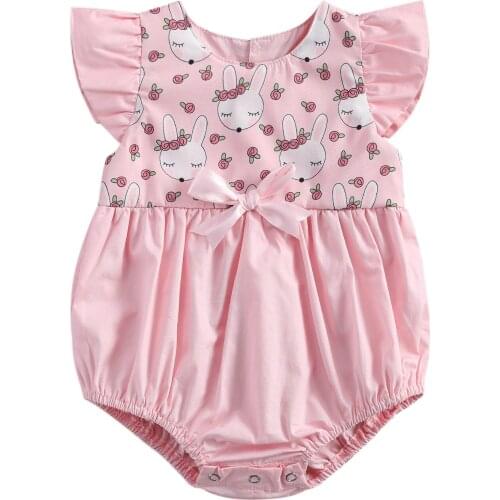 New Baby Girls Boys Easter Rompers Cartoon Rabbit Print Ruffles Short Sleeve Jumpsuits One Piece