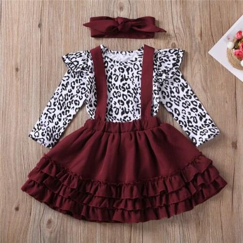 Newborn Toddler Baby Girls Clothes Leopard print Ruffle round neck Bodysuit bow Headband strap skirts 3pc kids cotton Outfits
