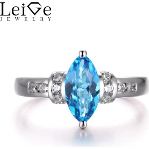 LeiGe Jewelry Genuine Swiss Blue Topaz Rings Wedding Rings Marquise Cut Blue Gems November Birthstone 925 Sterling Silver Gifts