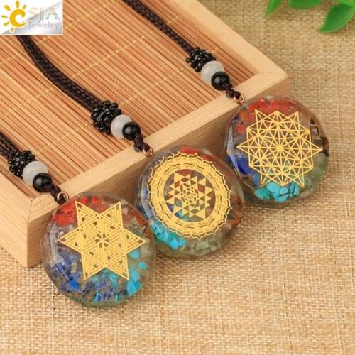 CSJA 7 Chakra Orgone Necklace Orgonite Generator Energy Chip Stone Pendant Reiki Balancing Protection Eye of Horus OM Lucky G778