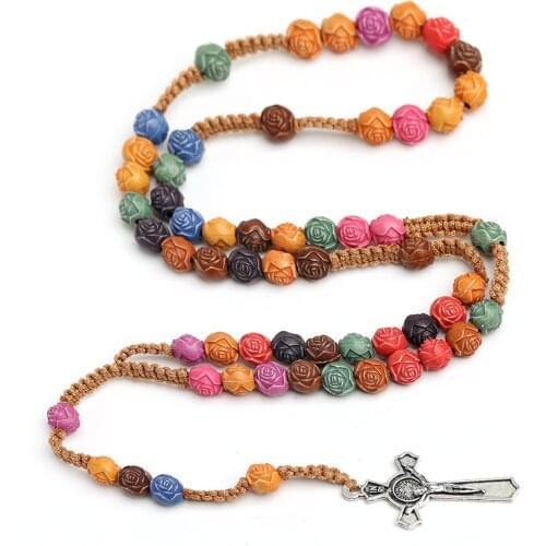 Rosary Cross Necklace Catholicism gothic for women and men Flower Bead Jesus Christian Prayer Bead Religious Jewelry wholesale
