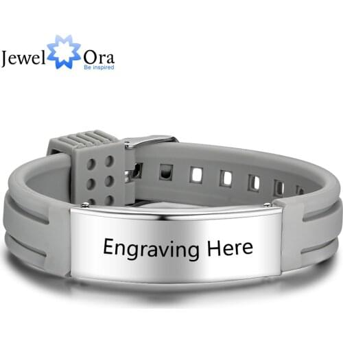 Personalized Custom Name Engrave Bracelet Bangle for Women Silicone ID Bracelets Stainless Steel Men Jewery (JewelOra BA102177)