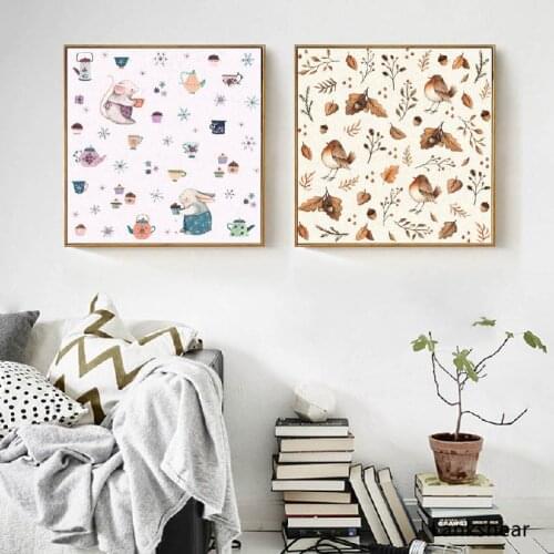 Nordic Minimalist Bunny Squirrel Paitnings Cartoon Posters And Prints Canvas Wall Pictures For Living Room Home Decoration