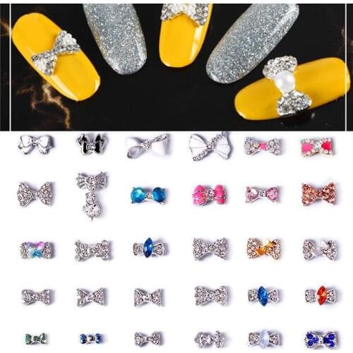 30 Styles Nail 3D Charming Alloy Stone 100pc/lot Crystal Alloy Rivet Silver Bow-knot Jewelry Nail Tip Accessory Decoration Alloy