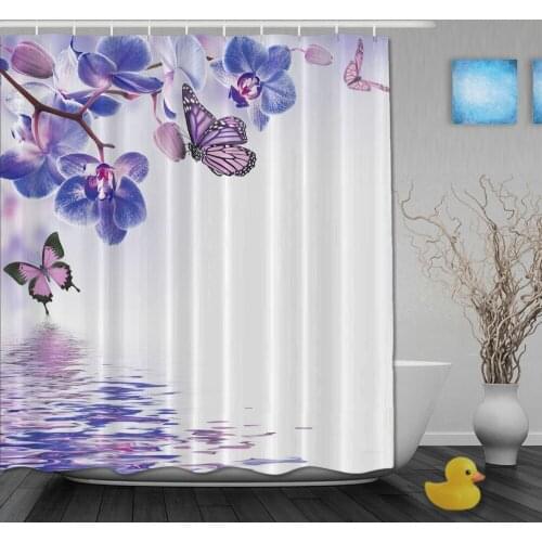 Custom Watercolor Puple Floral And Butterfly Chinese Style Shower Curtains Waterproof Fabric With Hooks Bathroom Shower Curtain