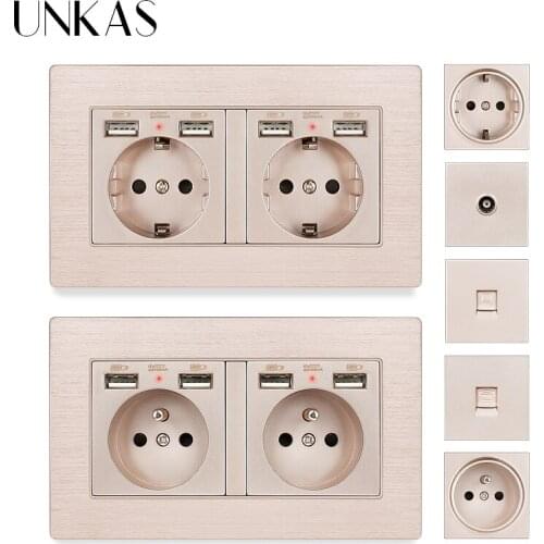 UNKAS Gold Aluminum Panel EU French Wall Power Socket Dual USB Port + TV RJ11 Telephone RJ45 Internet Computer Jack Outlet