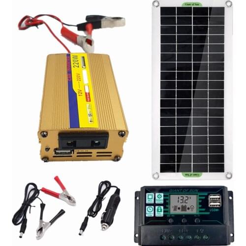 Solar Power System 220V 30W 60A Controller Solar Panel Battery Charger 220W Inverter USB Kit Complete Home Grid Camping Power