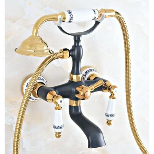 Black Gold Shower Faucets Dual Handle Wall Mounted Bath And Shower Faucet With Handheld Showers zna416