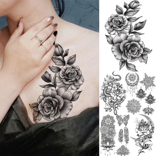 Black Rose Flower Sexy Under Chest Temporary Tattoos For Women Girl Large Snake Body Art Thigh Arm Washable Tatoo Decal