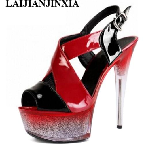 New Roman Mature Patchwork 6 Inch Super High Stripper Heeled Pole Dance Shoes Big Size 46 Womens Platform Sandals Trend Shoes