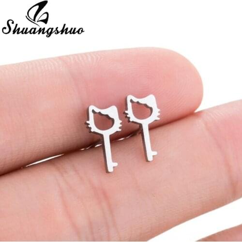 Shuangshuo Korean Fashion Cute Cat Stud Earrings for Women Animal Key Shape Earrings Female Jewelry Accessories Gold Earrings