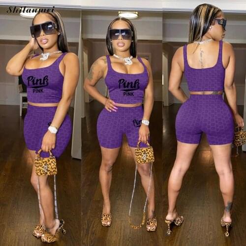 Women Set Letter Print Spaghetti Strap Crop Tops Sheath Elastic Shorts 2 Piece Set Female Tracksuit Summer Sexy Casual Outfit