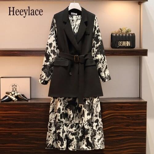 Plus size women elegant two piece set korean office ladies print chiffon dresses and sleeveless v neck blazer suits for women