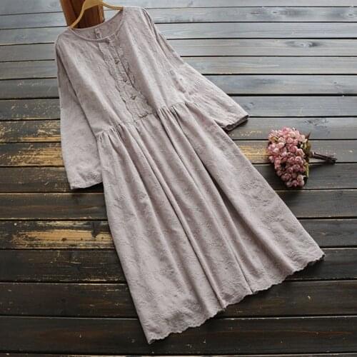 Lamtrip Unique Cotton Retro Floral Embroidery Long Sleeve Loose Dress Summer Spring 2021