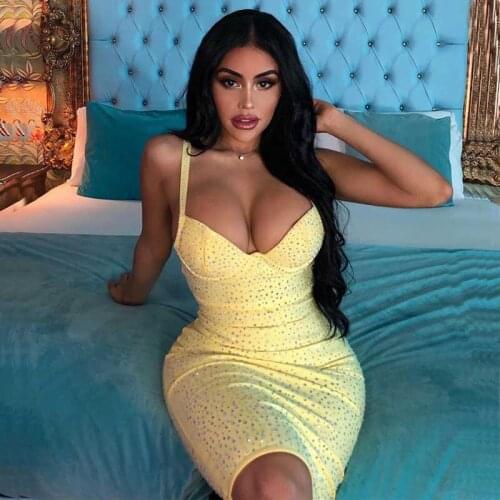 Wholesale 2020 summer Newest Women dress Yellow pink Rhinestone Spaghetti Strap Sexy Celebrity Cocktail party bandage dress