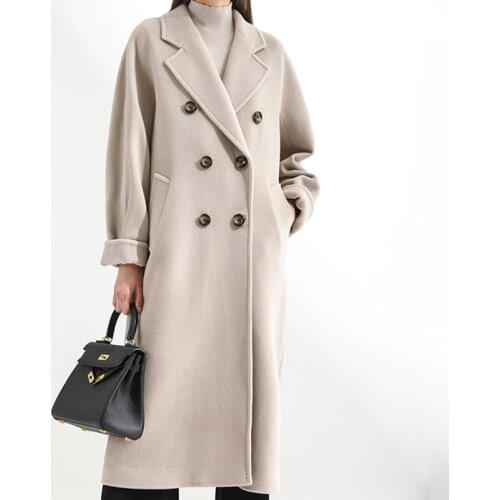 Women Autumn Winter Beige Long Wool Coat Jacket Double Breasted Slim Woolen Overcoat with Belt Outerwear Cardigan Pockets