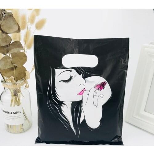 100pcs 20X25cm Black White Girl Plastic Shopping Bags With Handle New Wedding Plastic Jewelry Gift Packaging Bags Handle