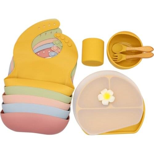 4Pcs/Set Silicone Baby Bibs Bowl Spoon Fork Children Dishes Tableware Food Supplement Bowl Divided Suction Cup Non-Slip Plate