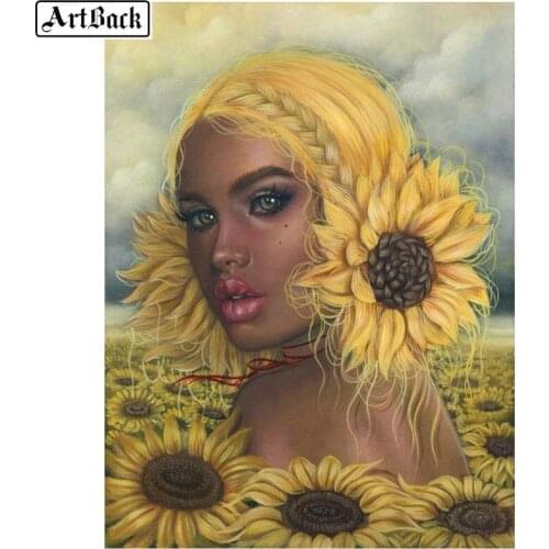 5d diy diamond painting woman sunflower icon full square diamond embroidery flower diamond mosaic 3d wall sticker