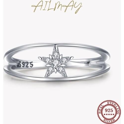 Ailmay New Arrival Fashion 925 Sterling Silver Stars Ring Clear Zircon Double Layer Rings For Women Wedding Engagement Jewelry
