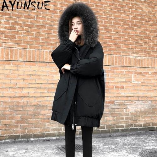 AYUNSUE White Duck Down Jacket Women 2020 Winter Coat Female Warm Hooded Parkas Big Fur Collar Korean Oversized Down Coats J6432